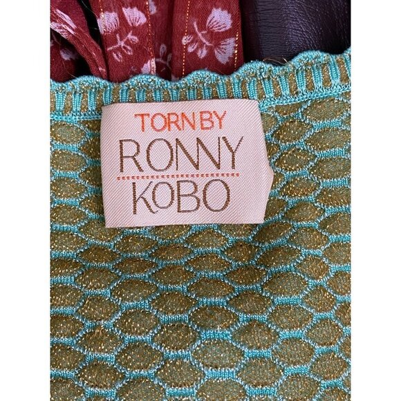 Torn By Ronny Kobo Womens Peplum Top Green Geometric Crew‎ Stretch Ruffles M - Picture 6 of 8